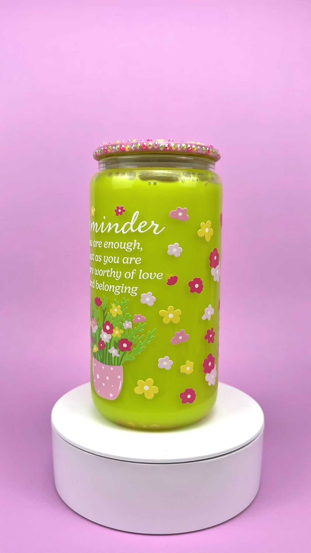 Reminder Flowers Glass Cup 16oz — Lid & Straw