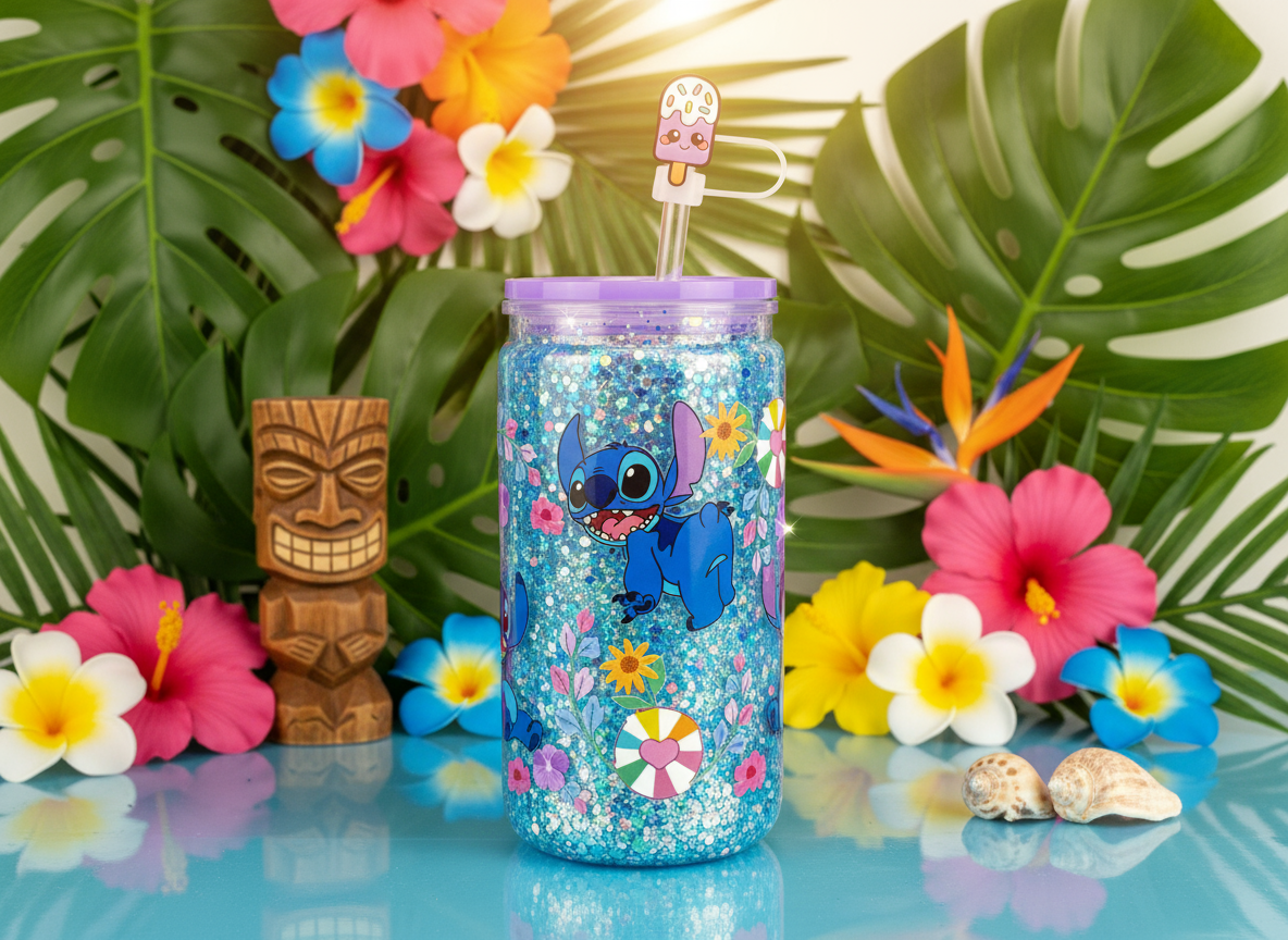 Stitch Glitter Acrylic Cup in tropical setting