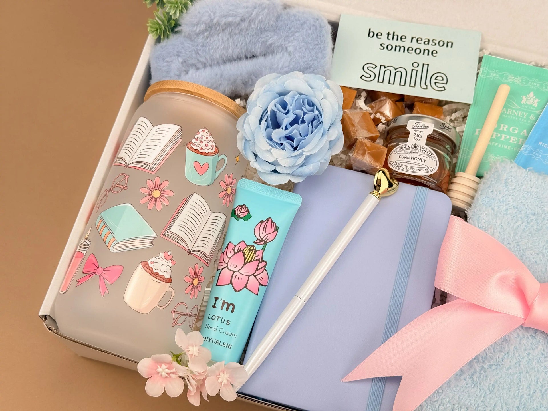 Tranquil Blue Gift Box – Handmade Cozy Self-Care Set with Tumblers & Tea, Perfect for Relaxation Image 3